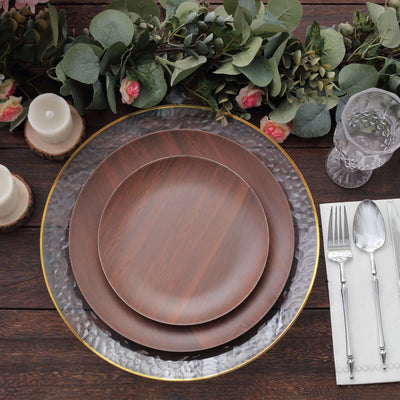 Pack of 6 Melamine 8’’ Round Dessert Plates in Brown Wood Grain Print - Disposable Shatterproof Appetizer Salad Plates