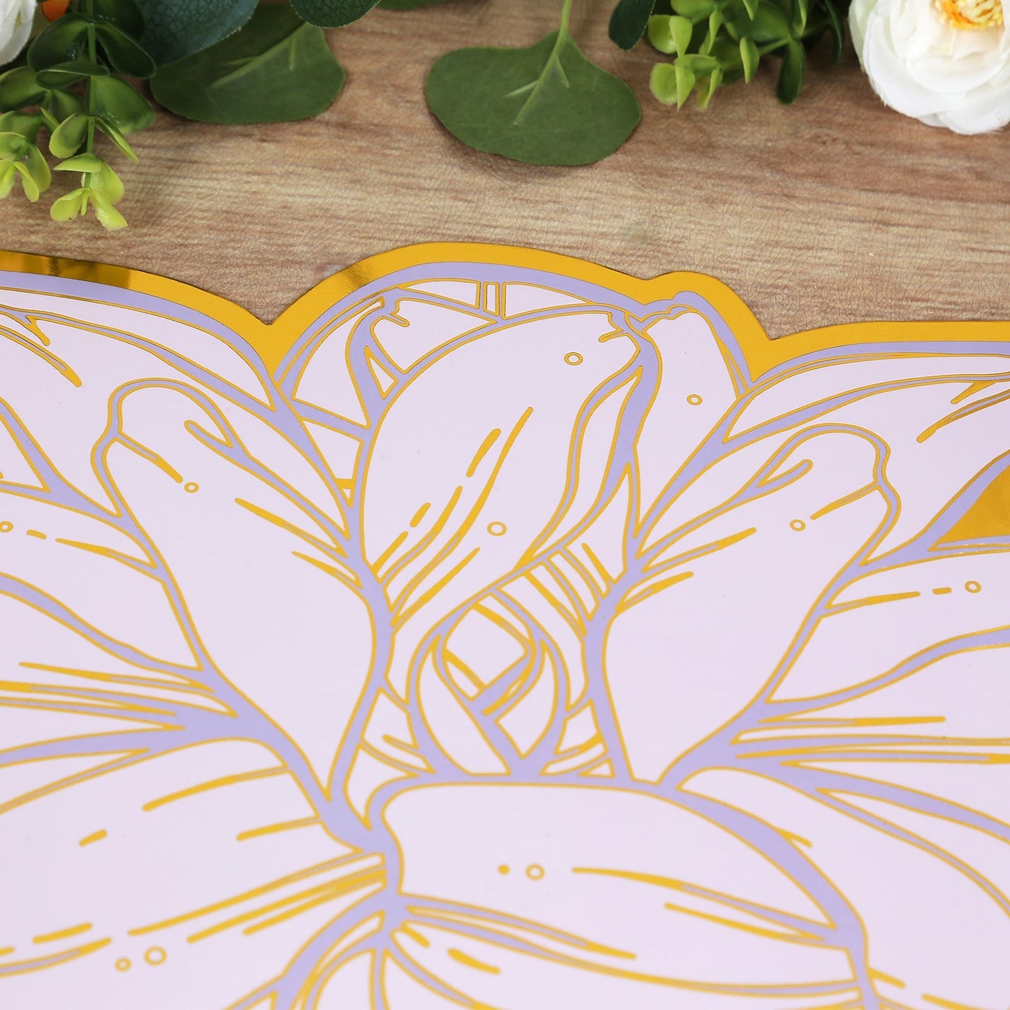 10-Pack Disposable Table Placemats in Lavender with Peony Flower Print & Gold Foil Edges - Lilac 300GSM Floral Cardboard Placemats for Dinner Parties & Gatherings 14"