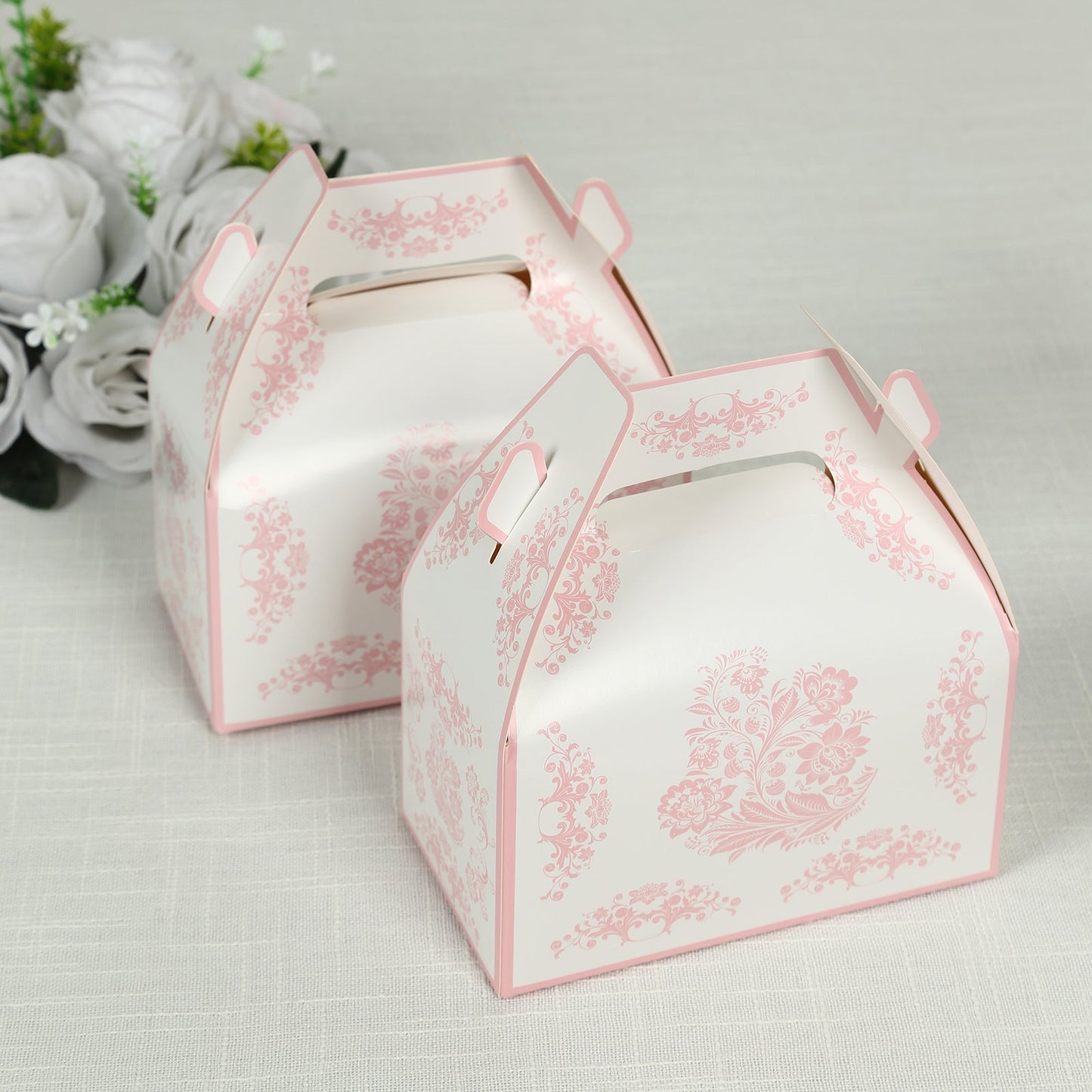 25 Pack White Pink Candy Gift Tote Gable Boxes in Damask Floral Pattern, Party Favor Treat Boxes - 6"x3.5"x7"