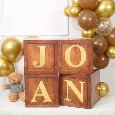 4 Pack Wood Grain Brown Boho Design DIY Prop Balloon Boxes, Gender Neutral Baby Shower Party Decorations