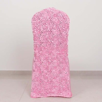 Satin Rosette Chair Cover for Banquet Chairs Pink - Stretch Fitted Slip-On Slipcover