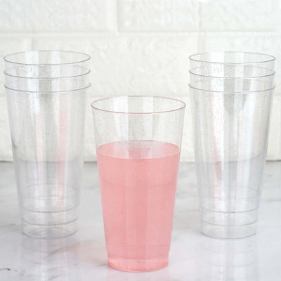 12-Pack Plastic Party Cups Clear Silver Glitter - Durable Disposable Tumblers for Drinks 17oz 6"