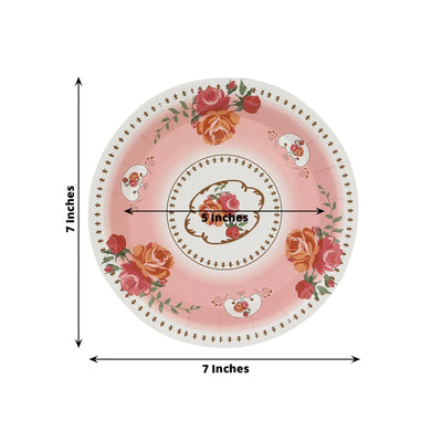 25-Pack Paper 7" Round Dessert Plates in Dusty Rose with Vintage Rose Flower Print - Disposable Appetizer Salad Plates