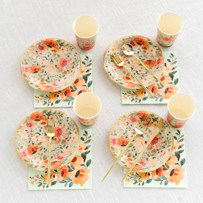 72 Pcs Paper Dinnerware Set with Pink Floral Print Sage Green - Disposable Tableware Combo-Pack with Plates and Cups