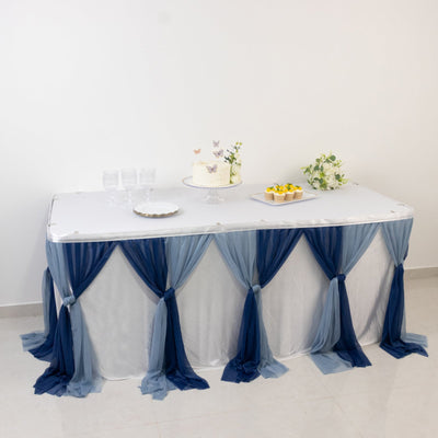 14ft Sheer Pleated Ruffle Skirting Chiffon Table Skirt - Navy Blue and Dusty Blue, Shimmer Sheer, Wrinkle-Free Fabric
