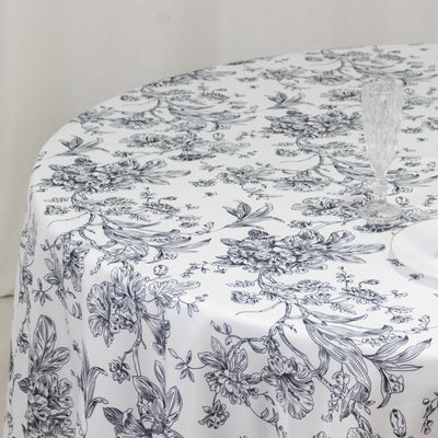 Polyester 108’’ Round Tablecloth White - Black French Toile Pattern for Chic Weddings - Tablecloths