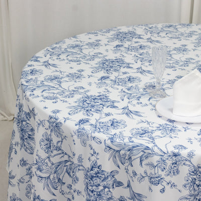 Polyester 108’’ Round Tablecloth White - Blue French Toile Pattern for Chic Weddings - Tablecloths