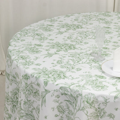 Polyester 108’’ Round Tablecloth White - Dusty Sage Green French Toile Pattern for Chic Weddings - Tablecloths