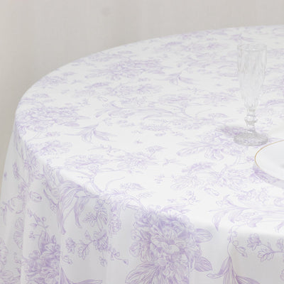 Polyester 108’’ Round Tablecloth White - Lavender Lilac French Toile Pattern for Chic Weddings - Tablecloths