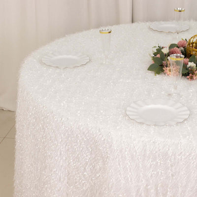 Polyester 120’’ Round Tablecloth White with Shaggy Fringe Design - Exquisite Table Cover - Tablecloths
