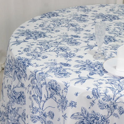 Polyester 132’’ Round Tablecloth White - Blue French Toile Pattern for Chic Weddings - Tablecloths