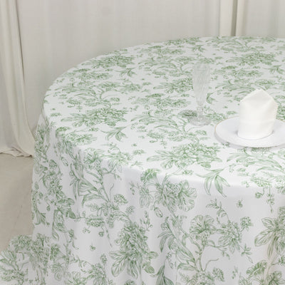 Polyester 132’’ Round Tablecloth White - Dusty Sage Green French Toile Pattern for Chic Weddings - Tablecloths