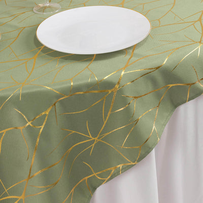Polyester 54’’x54’’ Table Overlay Square Tablecloth Dusty Sage Green with Gold Foil Tree Branch Pattern