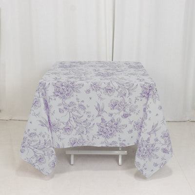 Polyester 70’’x70’’ Square Tablecloth White - Lavender Lilac French Toile Pattern for Elegant Occasions - Tablecloths