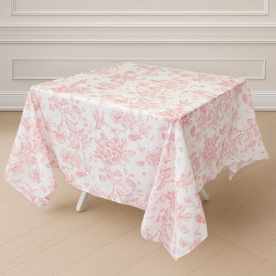 Polyester 70’’x70’’ Square Tablecloth White - Pink French Toile Pattern for Elegant Occasions - Tablecloths