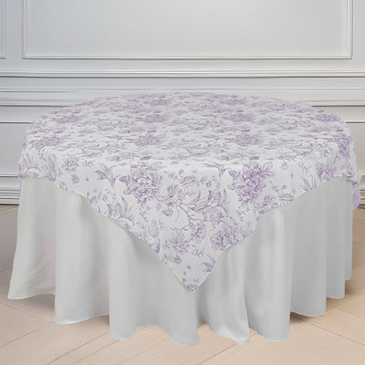 Polyester 70’’x70’’ Table Overlay White - Lavender Lilac French Toile Pattern for Stylish Events - Overlays