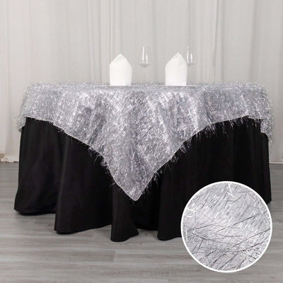Polyester 72’’x72’’ Table Overlay Square Tablecloth Silver - Metallic Fringe Shag Tinsel Table Cover - Overlays