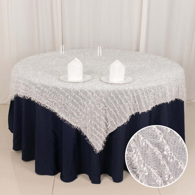 Polyester 72’’x72’’ Table Overlay Square Tablecloth White Fringe Shag Design for Stylish Celebrations - Overlays