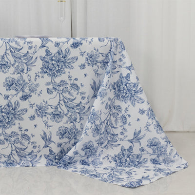 Polyester 90’’x156’’ Rectangle Tablecloth White - Seamless Blue French Toile Pattern for Chic Weddings - Tablecloths