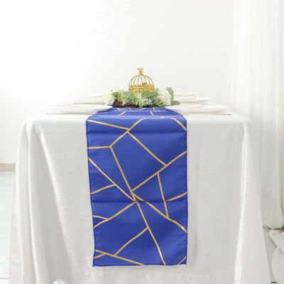 Polyester 9ft Table Runner Royal Blue with Gold Foil Modern Geometric Accent - Runners