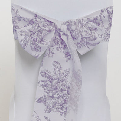 Polyester Chair Sashes White Lavender Lilac French Toile Floral Design - Wrinkle-Resistant & Durable Chair Bows