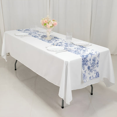 Polyester Table Runner 12’’x108’’ White with Blue French Toile Floral Print - Stylish Reusable Table Décor - Runners
