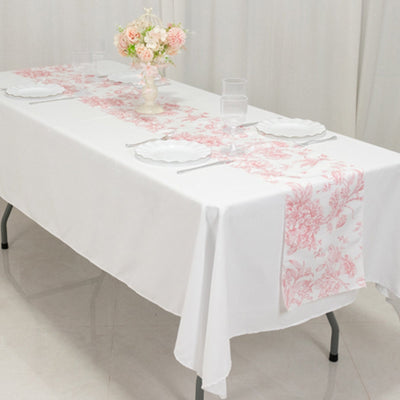 Polyester Table Runner 12’’x108’’ White with Pink French Toile Floral Print Reusable Table Décor - Runners