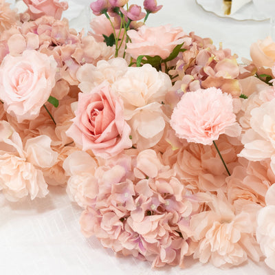 Pre-Arranged Silk Flower Table Runner 40’’x16’’ Mixed Dusty Rose – Roses Hydrangeas Chrysanthemums & Peonies