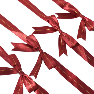 50 Pack Burgundy 10" Pre Tied Satin Ribbon Bows With Gold Foil Lining For Gift Basket and Party Favors Decor