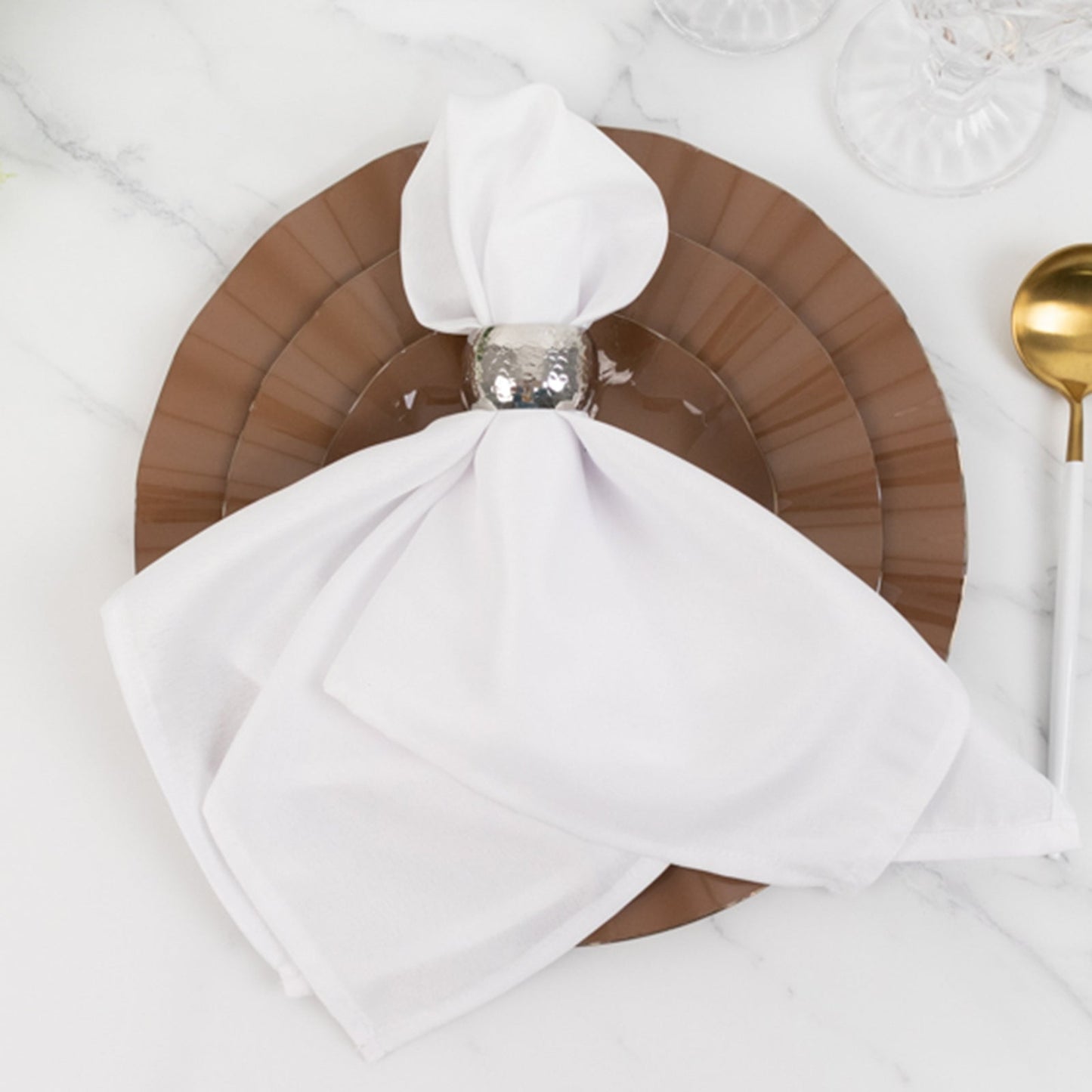 10-Pack Plastic 9" Round Dinner Plates in Coffee Brown Ruffled Rim with Gold Edging - Sturdy Disposable Dinnerware