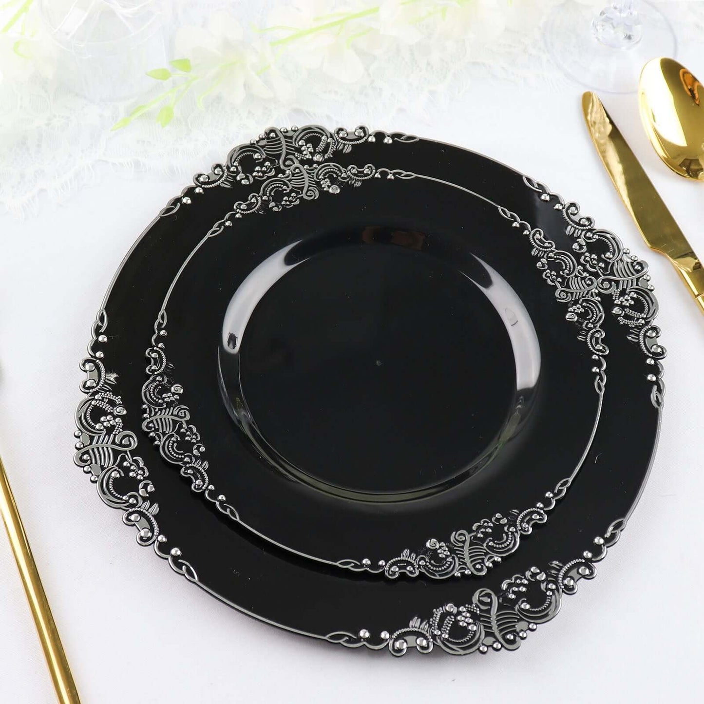 10-Pack Plastic 10" Round Dinner Plates in Black with Silver Leaf Embossed Rim - Disposable Vintage Baroque Style Plates