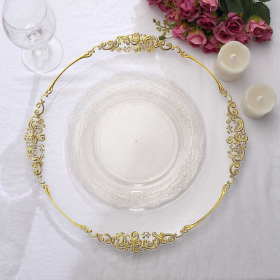 12-Pack Plastic 7" Round Salad Plates Clear with Gold Glitters & Floral Edge