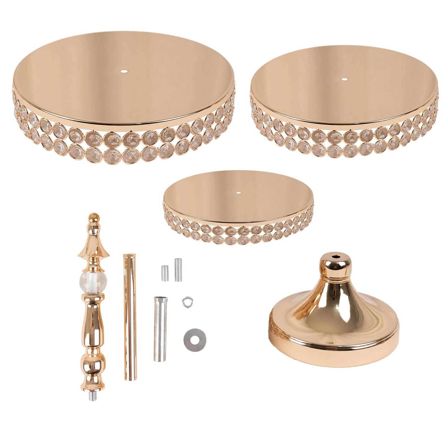 3-Tier Cake Stand Crystal Beaded Gold with Round Mirror Top - Metal Cupcake Tower Dessert Display 26"