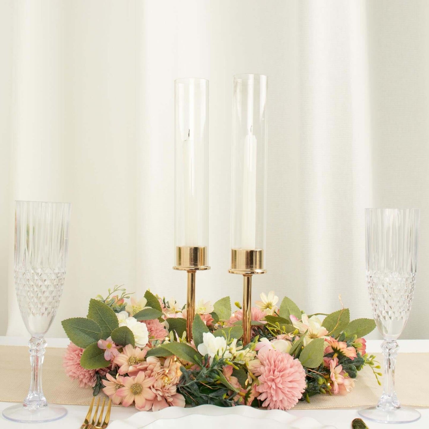 2-Pack Gold Metal Taper Candlestick Holders, Clear Glass Hurricane Candle Stands With Chimney Candle Shades 16"