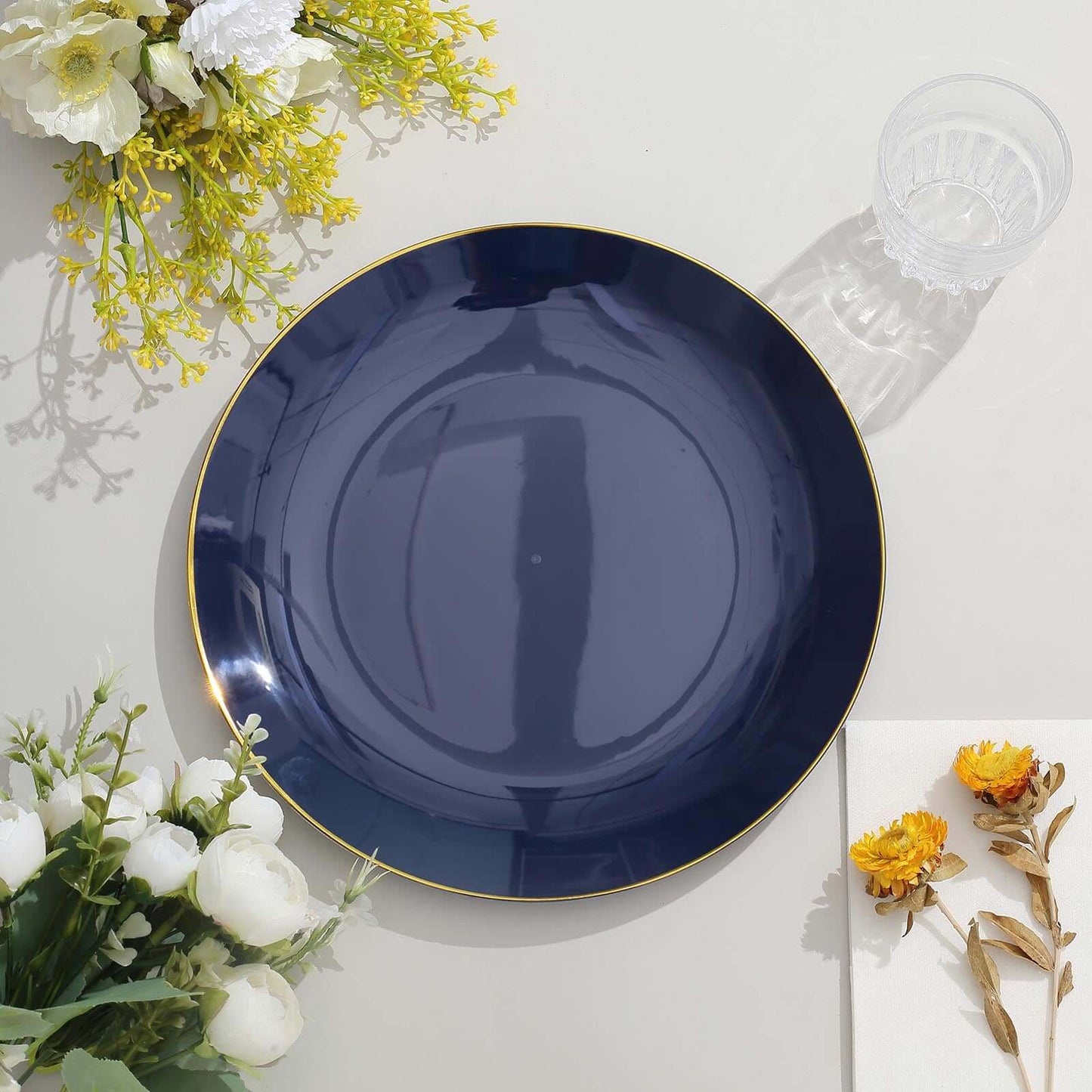 10-Pack Plastic 10" Round Dinner Plates in Navy Blue with Gold Rim - Glossy Disposable Party Plates