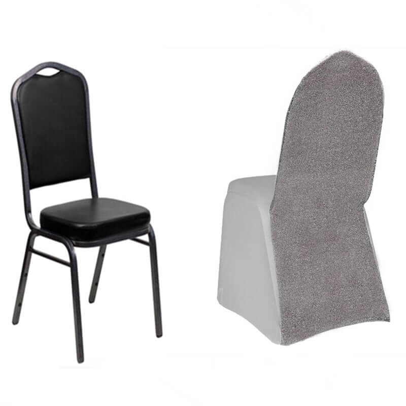 Spandex Chair Cover with Metallic Shimmer Tinsel Back for Banquet Chairs Silver - Fitted Slipcover