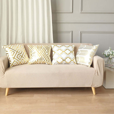 Set Of 4 18" White Gold Foil Geometric Print Throw Pillow Covers, Velvet Square Sofa Cushion Covers