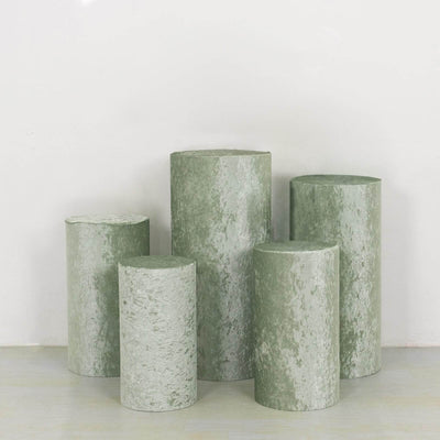 Set of 5 Sage Green Crushed Velvet Cylinder Pedestal Stand Covers, Premium Pillar Prop Covers