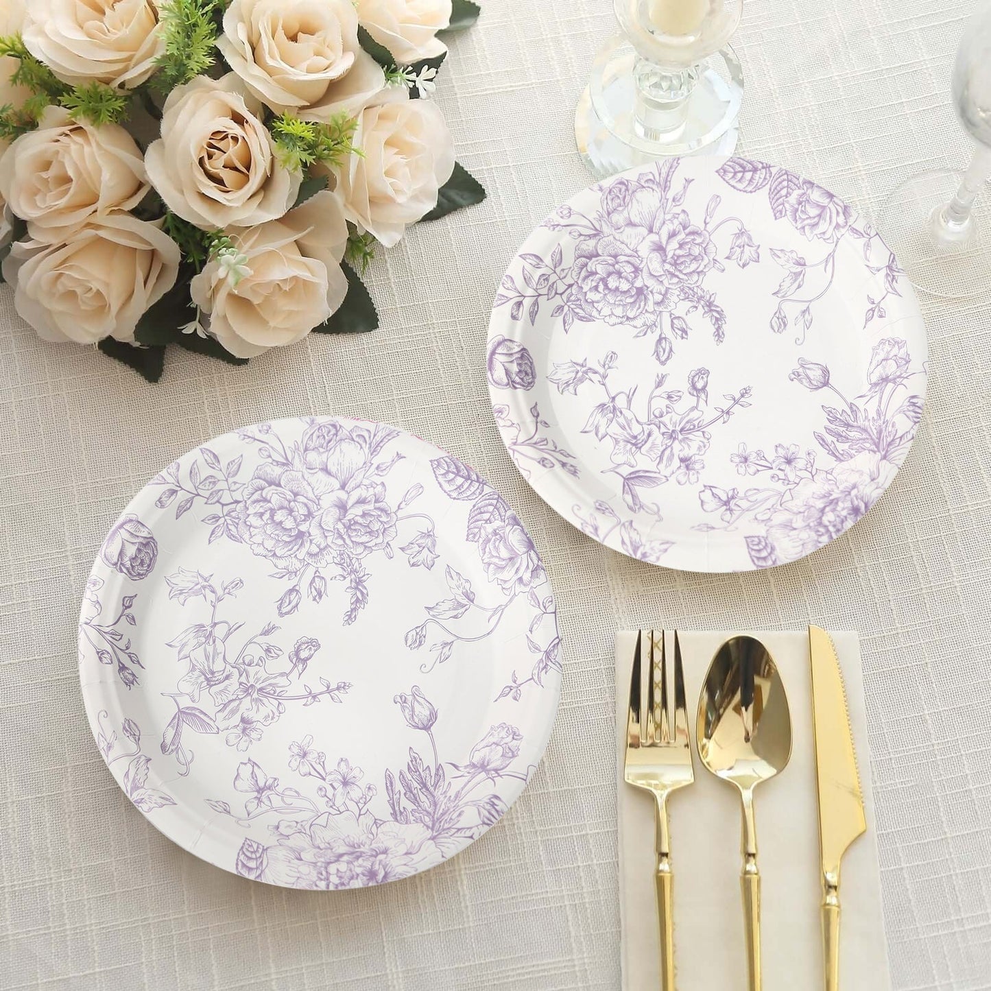 25-Pack Paper 7" Round Dessert Plates in White with Matte Lavender French Toile Pattern - Disposable Floral Salad Appetizer Plates