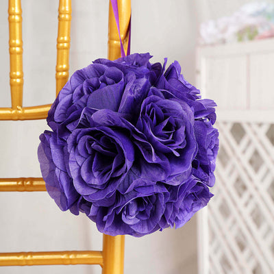2 Pack 7" Purple Artificial Silk Rose Kissing Ball, Faux Flower Ball