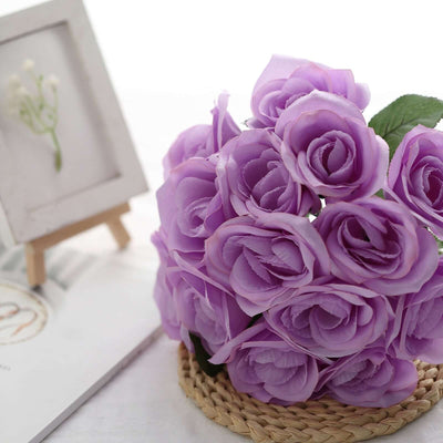 12" Lavender Lilac Artificial Velvet-Like Fabric Rose Flower Bouquet Bush