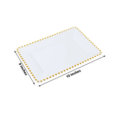 6-Pack Rectangular Acrylic Serving Trays White with Gold Beaded Rim - Food and Dessert Platters 9"x13"