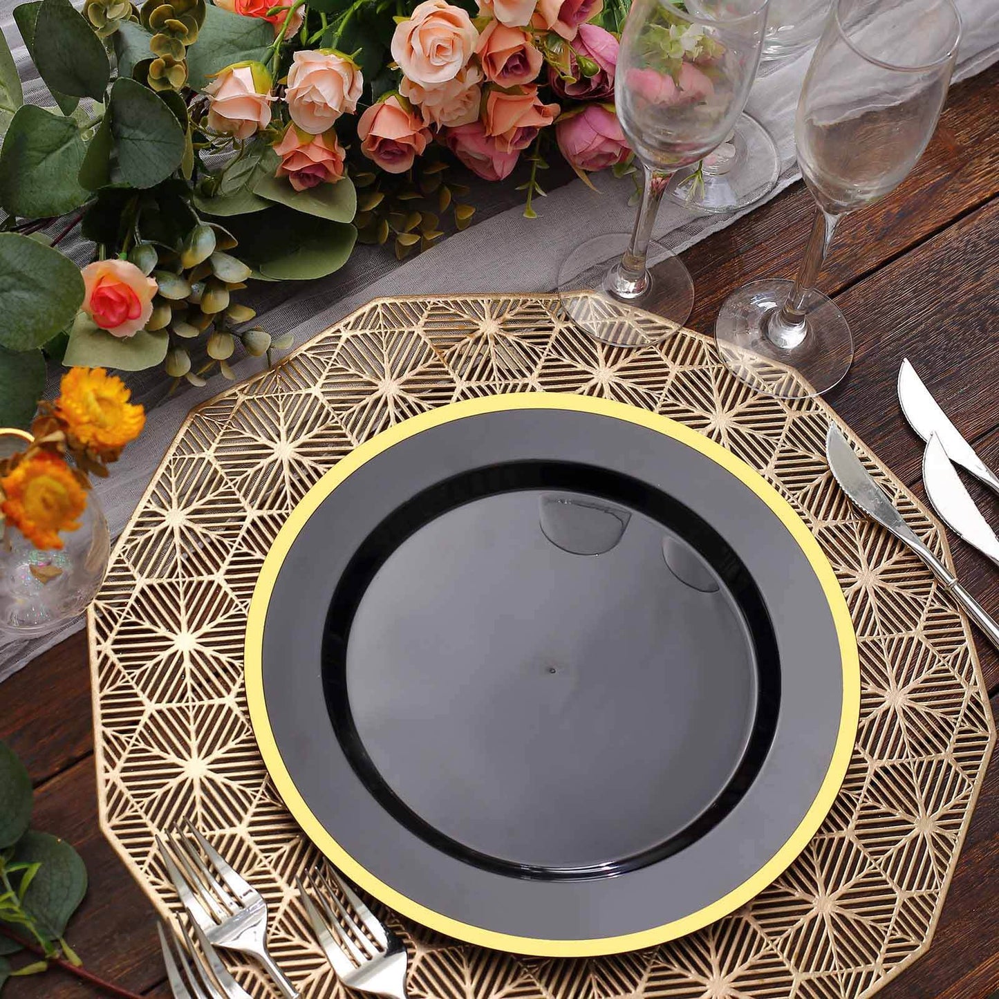 10-Pack Plastic 10" Round Dinner Plates in Black with Gold Rim - Disposable Party Plates for Classy Banquets & Special Occasions