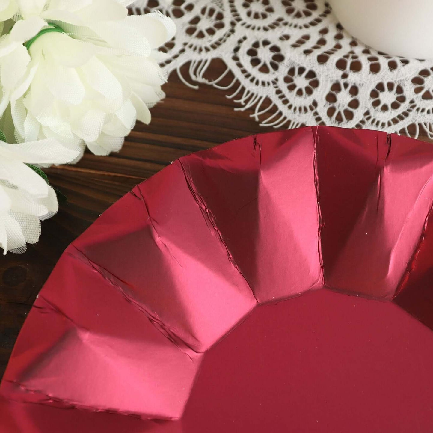25-Pack Paper 7" Round Dessert Plates in Burgundy with Geometric Prism Rim - Disposable 400GSM Appetizer Salad Plates