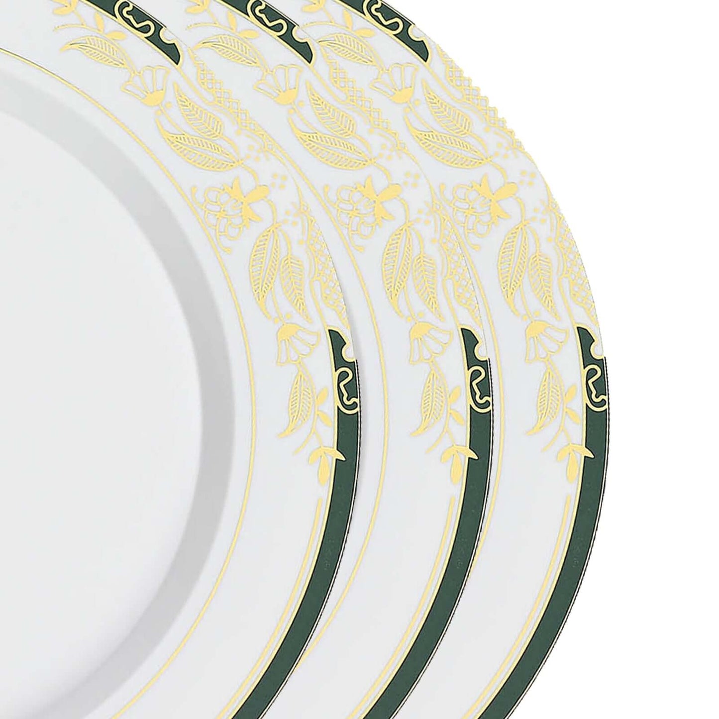 10-Pack Plastic 10" Round Dinner Plates in White with Hunter Emerald Green Rim for Events