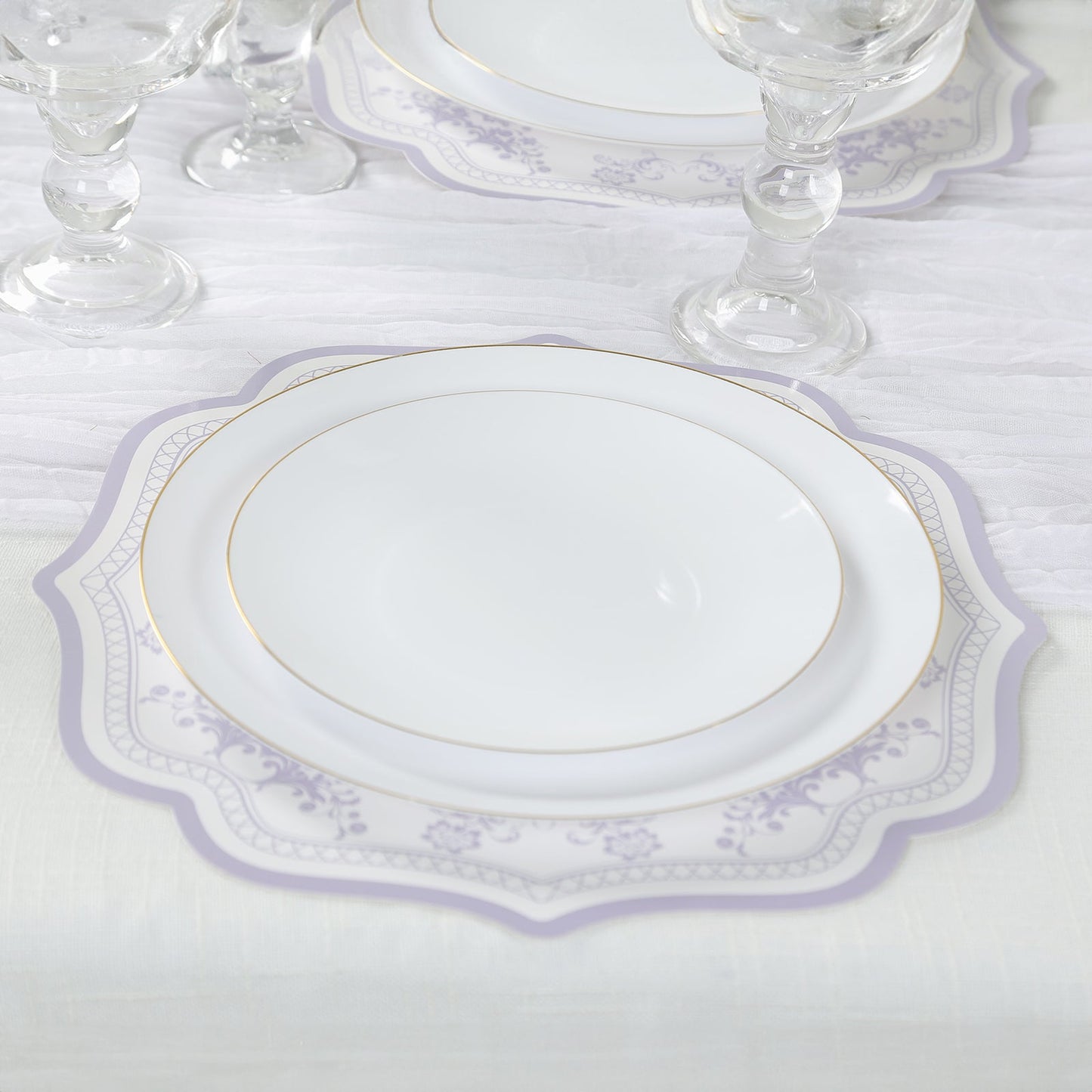10-Pack Disposable Table Placemats 13" Round Placemats in White with Lavender Damask Floral Pattern & Scalloped Rim - 400GSM Cardboard Placemats for Stylish Table Setting