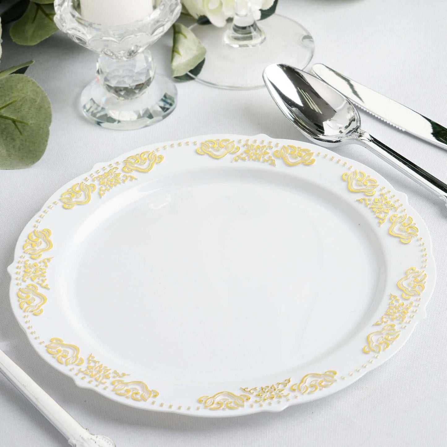 10-Pack Plastic 7.5" Round Appetizer Plates in White with Gold Embossed Scalloped Edge - Chic Disposable Salad Plates for Special Occasions & Banquets