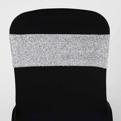 5 Pack Metallic Shimmer Tinsel Spandex Chair Sashes Silver - Durable and Reusable Stretch Chair Bands