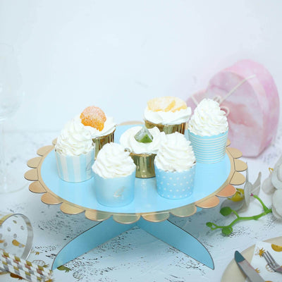 1-Tier Cardboard Cake Stand Light Blue - Stylish Reusable Cupcake Dessert Holder with Gold Scalloped Rim for Baby Showers Birthdays & Events 13"