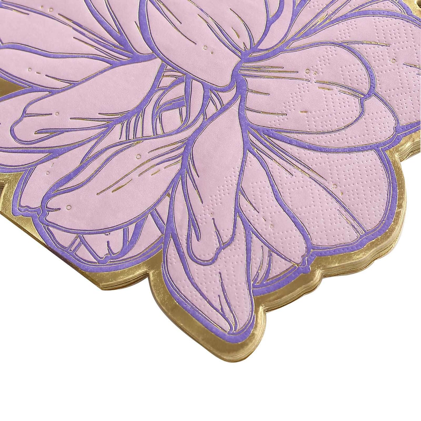 20-Pack Paper Cocktail Napkins with Purple Peony Flower Shape and Gold Edges - Stylish Disposable Party Napkins